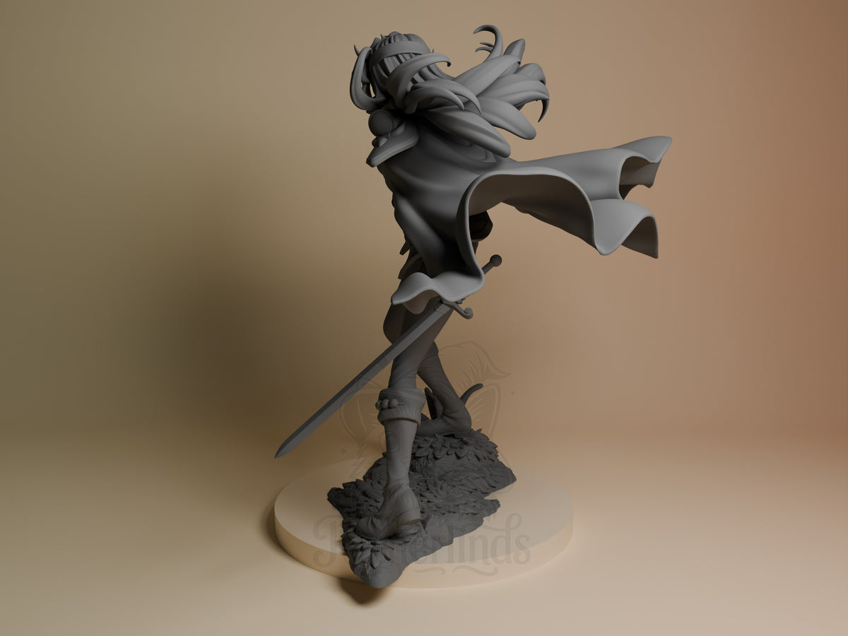 Lina Inverse from Slayers is a side-view, unpainted resin figure with sword and cape on a rocky base.