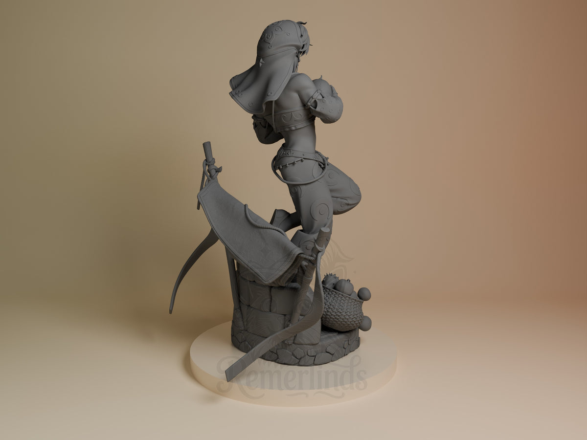 Lync from Tales of Daelz resin figure shown from back angle, unpainted gray, standing on rocky base with curved blade weapon and woven basket accessory.