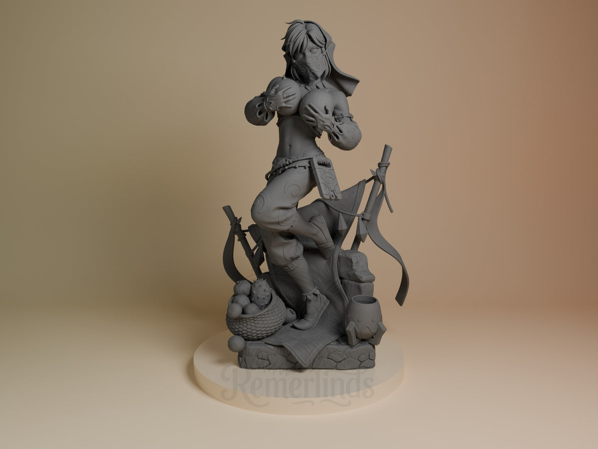 Lync from Tales of Daelz, unpainted gray resin figure shown front-facing, kneeling with dual weapons and ornate base details.