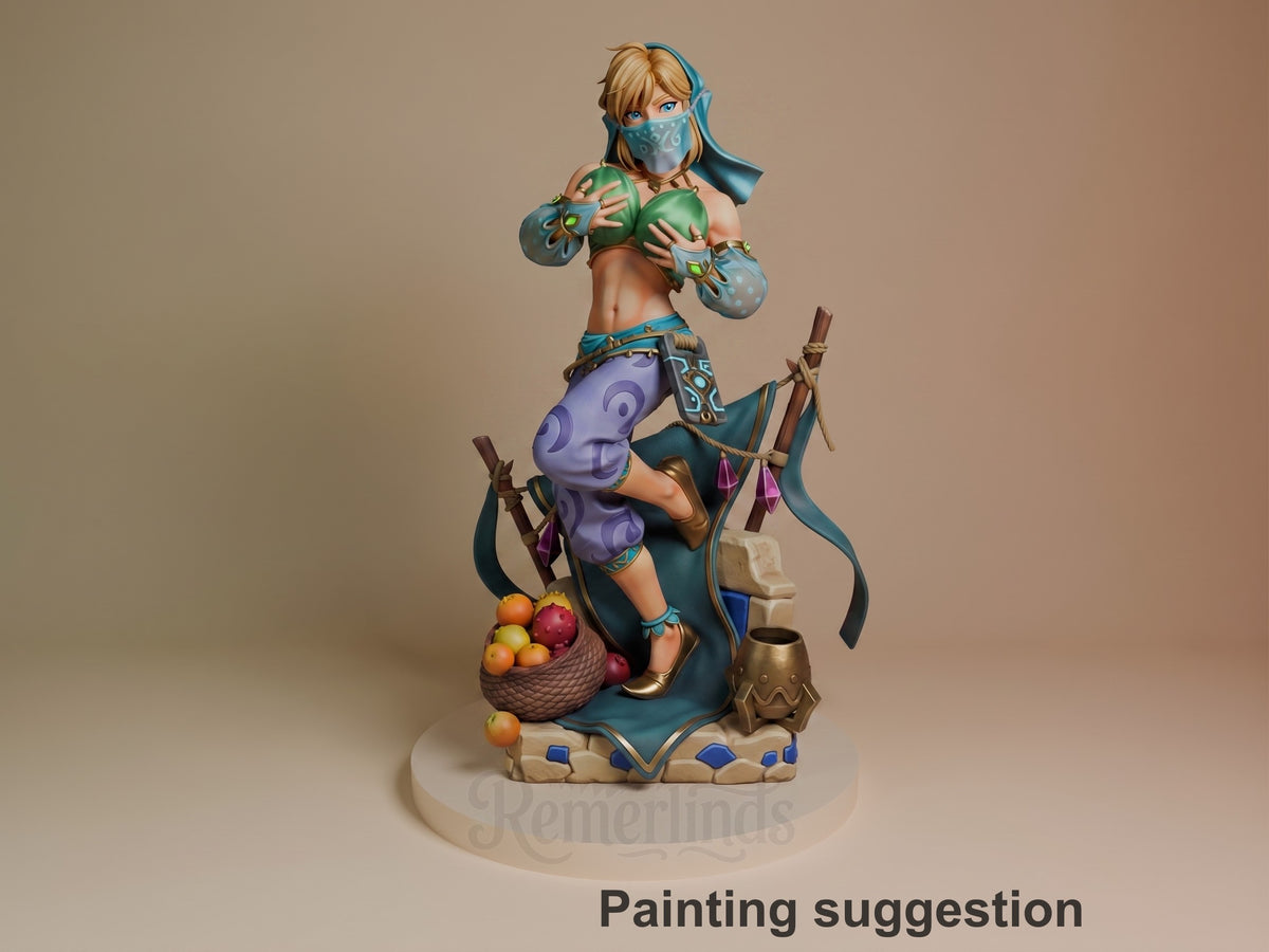 Lync from Tales of Daelz resin figure painted in green, blue, and purple, posed holding spiked gauntlets with a basket of fruit on the base.