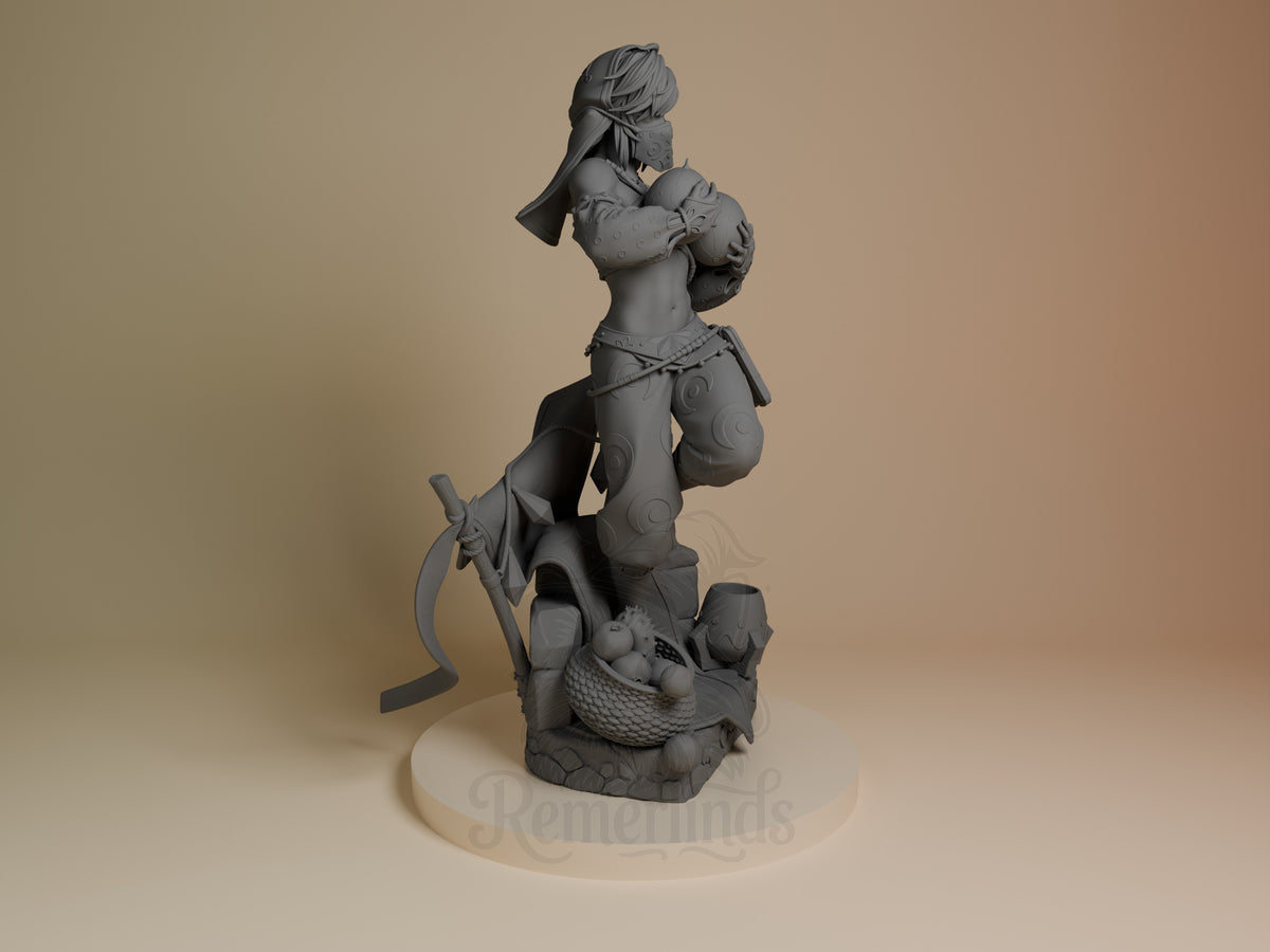 Lync from Tales of Daelz resin figure shown from right side angle, unpainted gray, dynamic pose holding sword with decorative base and flowing hair details.