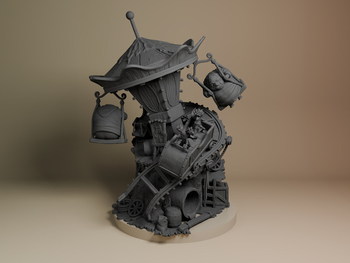 Front view of an unpainted Little Nightmares resin figure from Little Nightmares, with hanging figures and a sculpted base.