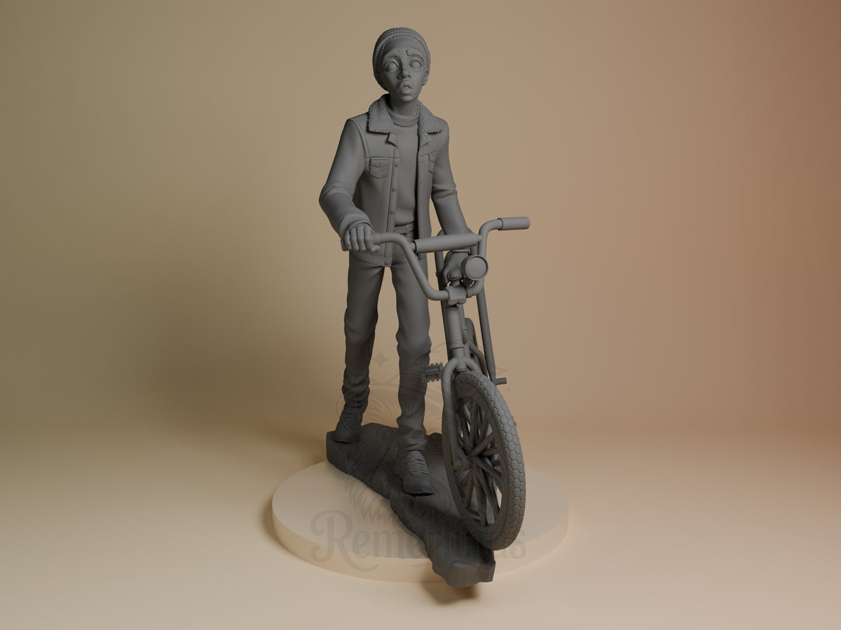 Lucas from Stranger Things is an unpainted resin figure, front-facing with bike on oval base.