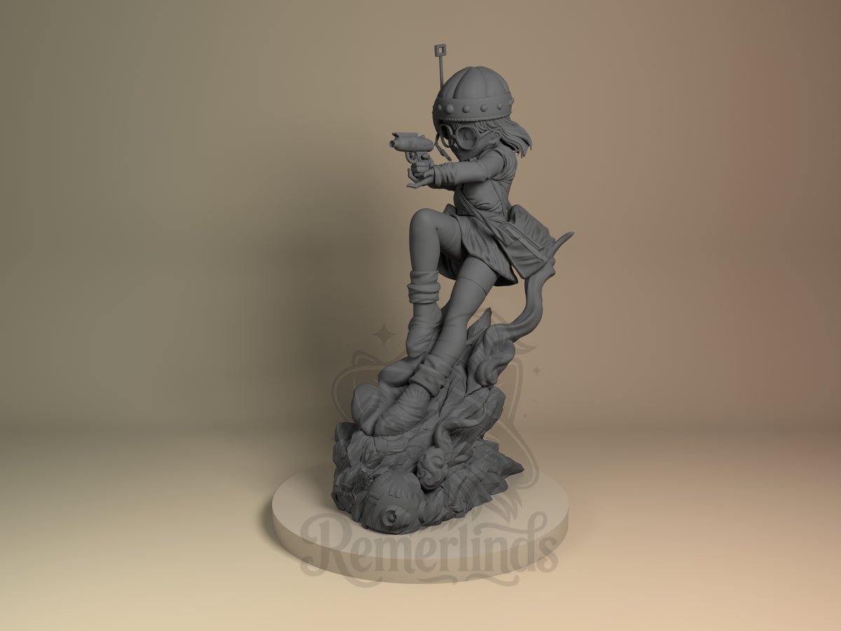 Lucca Chrono Trigger 3D printed resin figure by Nomnom, angled view showing dimensional details.