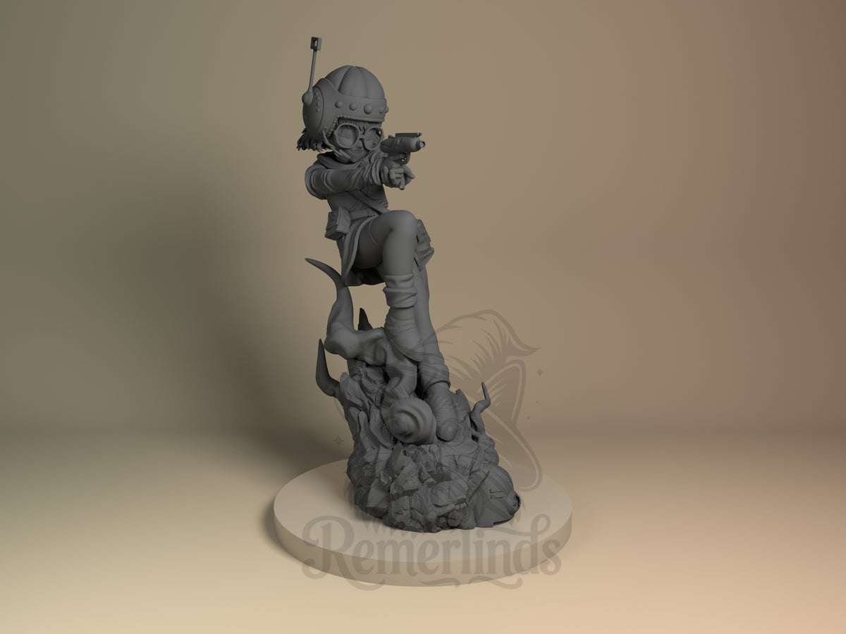 Lucca Chrono Trigger 3D printed resin figure by Nomnom, unpainted front view. The 3D printed resin miniature figure depicts Lucca from Chrono Trigger sitting confidently on a detailed rocky and tentacle-adorned base. She wears a helmet with an antenna and goggles, holding a gun pointed ahead with a focused action stance. The figure shows detailed elements like her crossed legs, boots, and utility gear, emphasizing a blend of technology and adventure.