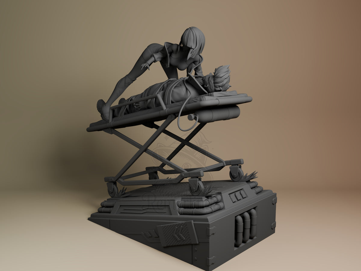 Lucy resin figure from Cyberpunk Edgerunners in dynamic pose on futuristic base, shown at angle view, unpainted gray finish.