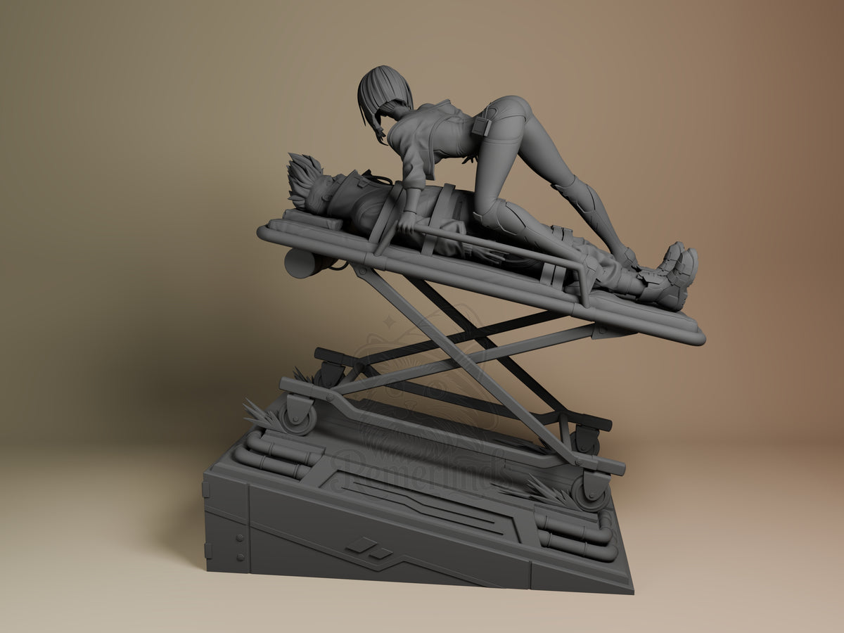 Lucy from Cyberpunk Edgerunners resin figure shown from back angle, unpainted gray resin, seated pose on futuristic base with mechanical prop details.