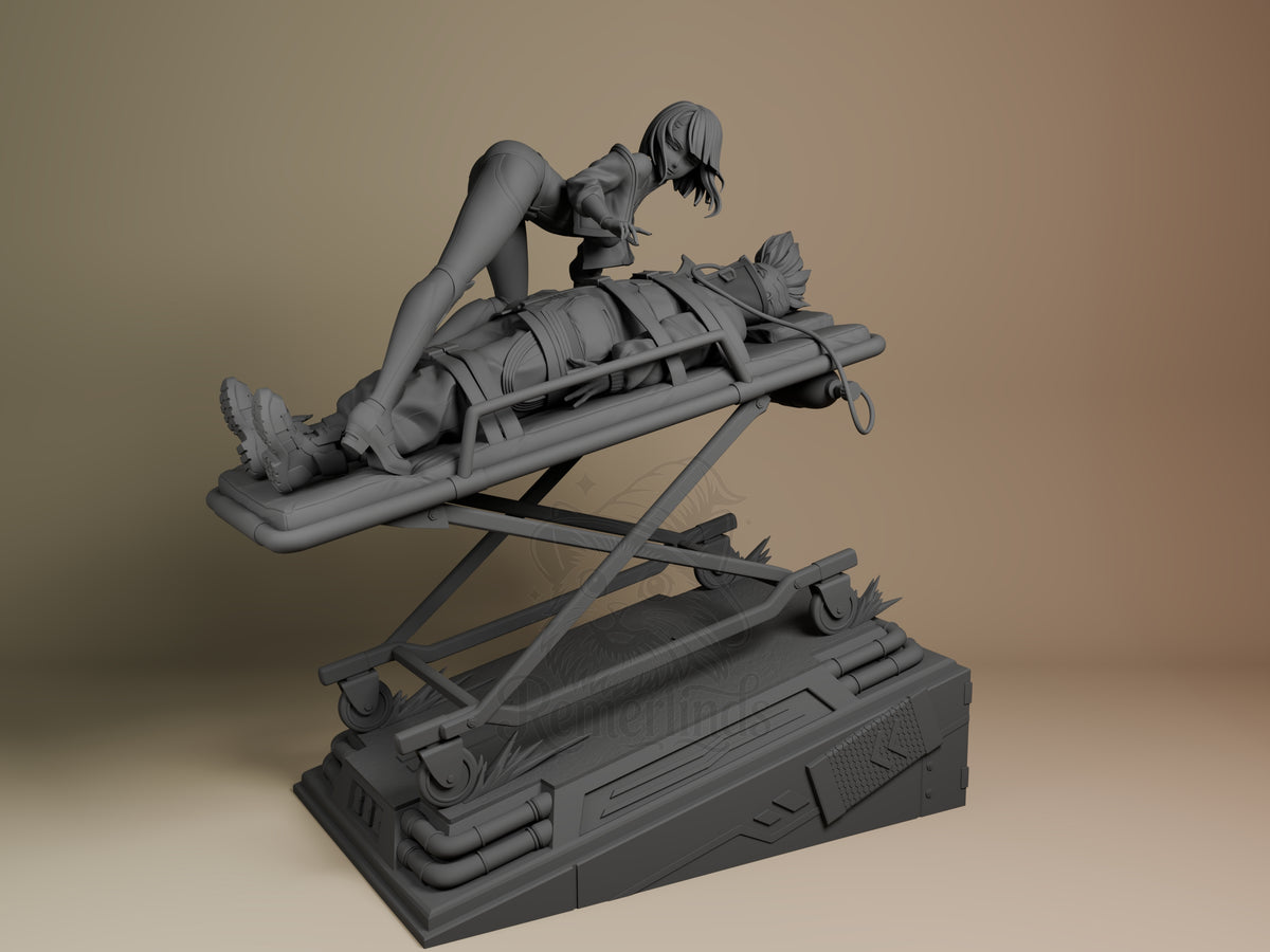 Lucy resin figure from Cyberpunk Edgerunners posed on futuristic base, shown from front angle in gray unpainted prototype state.