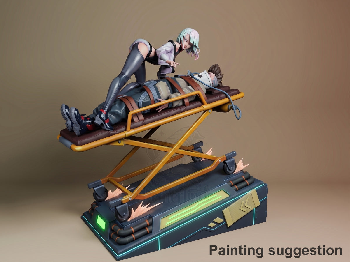 Lucy resin figure from Cyberpunk Edgerunners in dynamic pose on illuminated base, painted with metallic details and weathering effects.