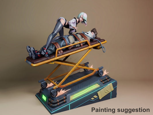 Lucy resin figure from Cyberpunk Edgerunners in dynamic pose on illuminated base, painted with metallic details and weathering effects.