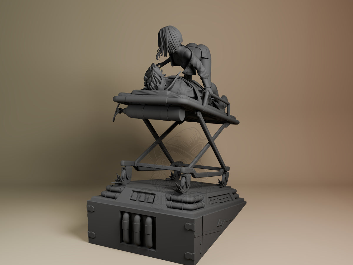 Lucy from Cyberpunk Edgerunners resin figure shown from left side, seated on futuristic chair with cyberware base, unpainted gray finish.