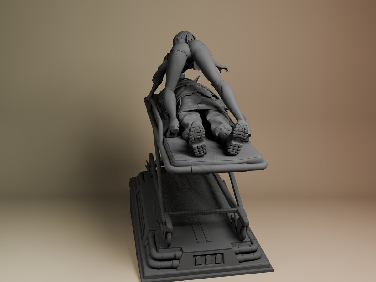 Lucy resin figure from Cyberpunk Edgerunners in reclined pose on futuristic base, shown from right angle, unpainted gray finish.