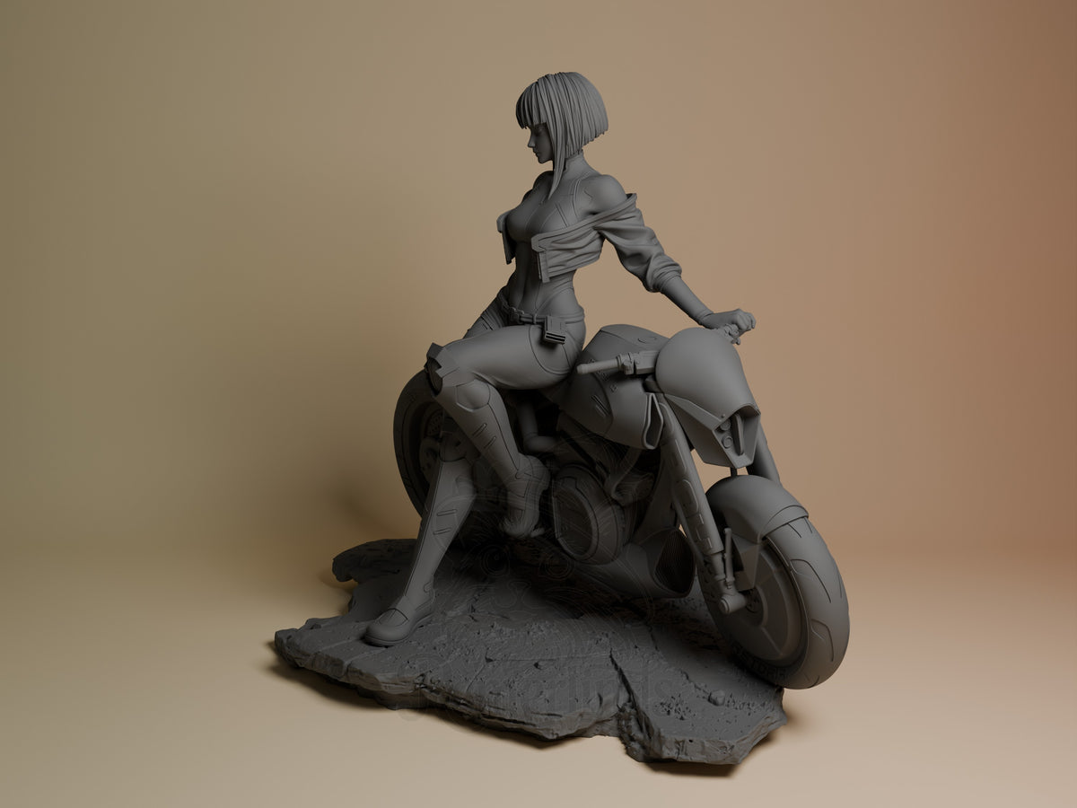 Lucy from Cyberpunk Edgerunners sits on a futuristic motorcycle in this unpainted resin figure, shown from the side angle on a textured base.