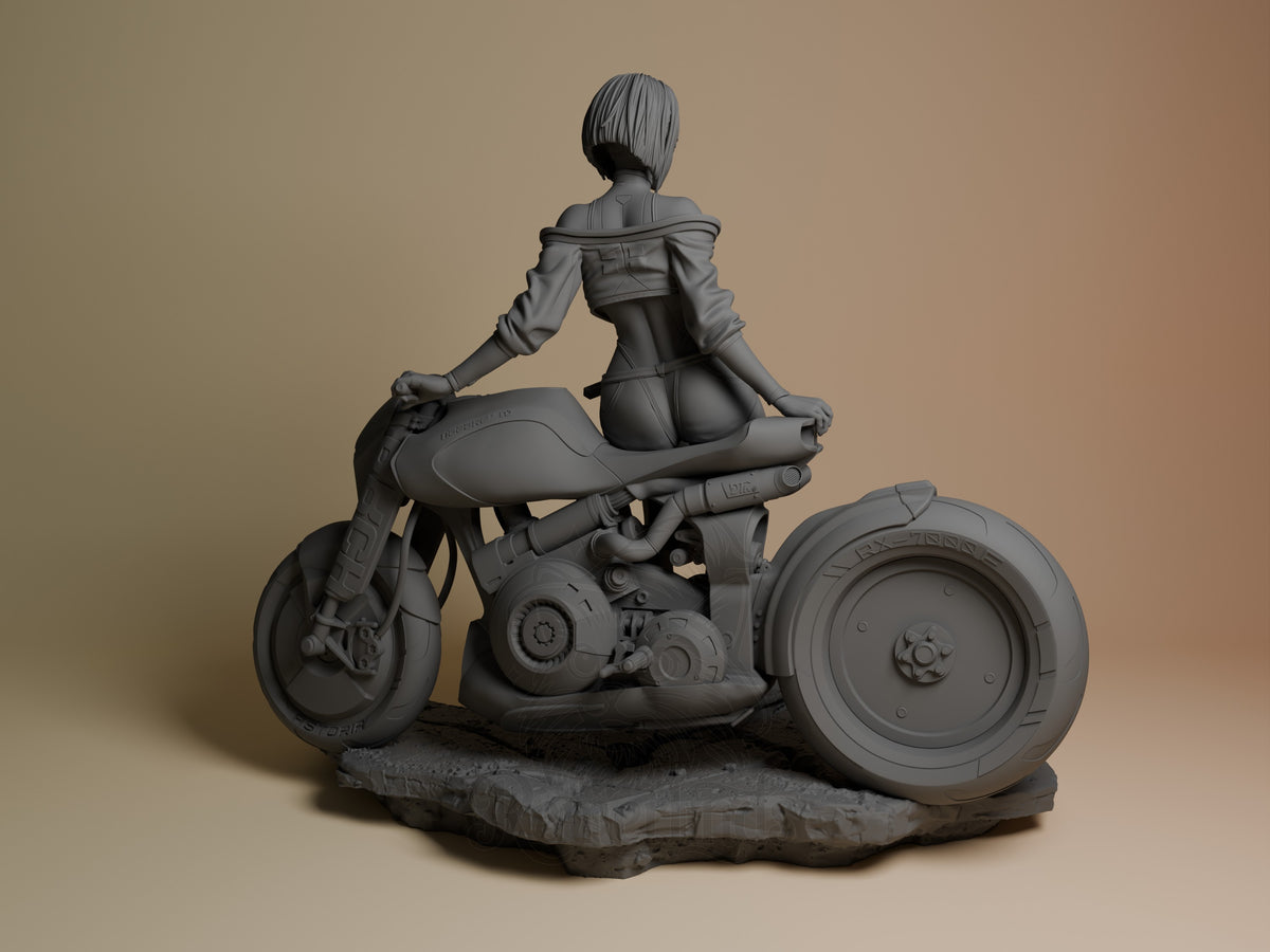 Lucy from Cyberpunk Edgerunners resin figure viewed from behind, seated on motorcycle with sidecar, unpainted gray detail on rock base.