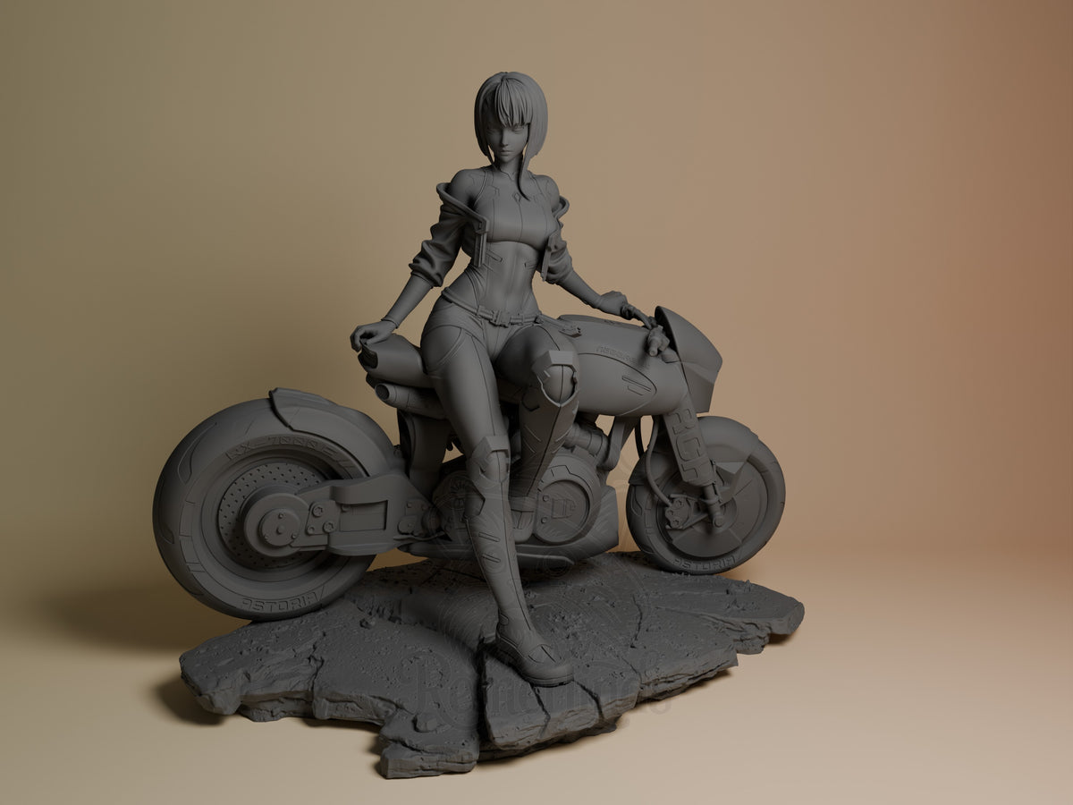 Lucy from Cyberpunk Edgerunners resin figure seated on futuristic motorcycle, gray unpainted sculpt on rocky base, front three-quarter view.