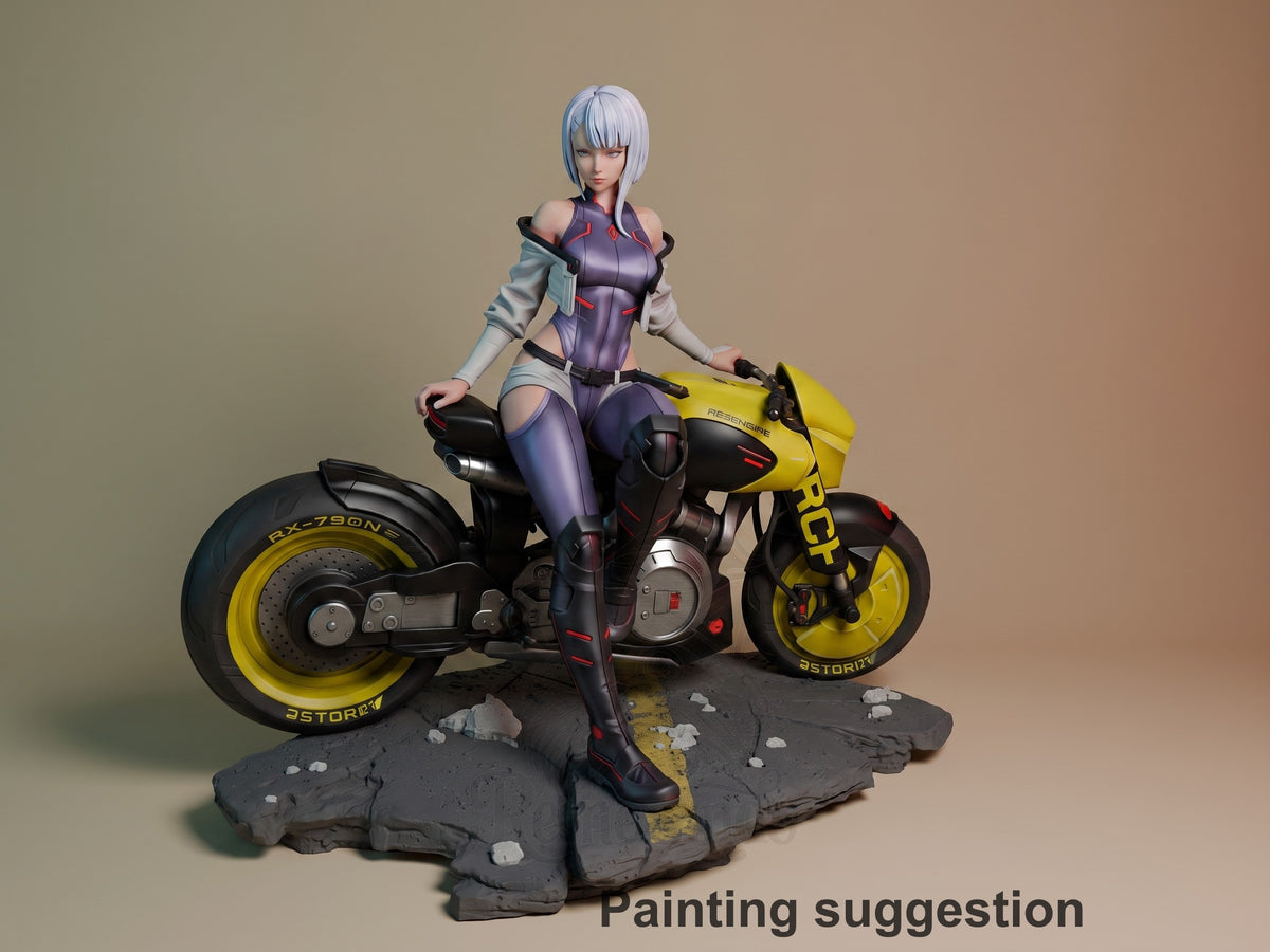 Lucy from Cyberpunk Edgerunners 3D resin figure posed on motorcycle base, painted in purple bodysuit and gray jacket, yellow bike with black tires.