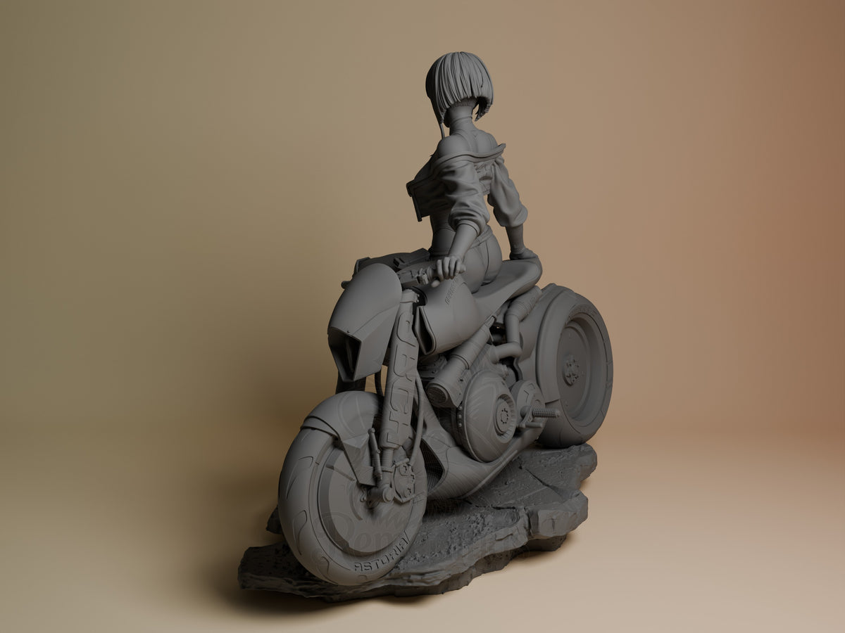 Lucy from Cyberpunk Edgerunners resin figure shown from left side, seated on motorcycle with detailed pose, unpainted gray resin finish.