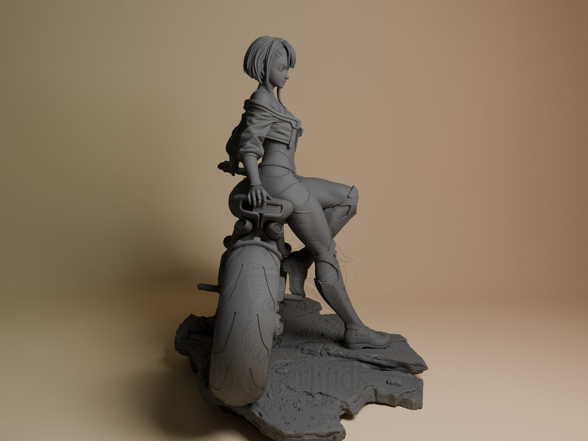 Lucy from Cyberpunk Edgerunners resin figure shown from right side, seated pose on rocky base, unpainted gray finish, detailed clothing and accessories visible.