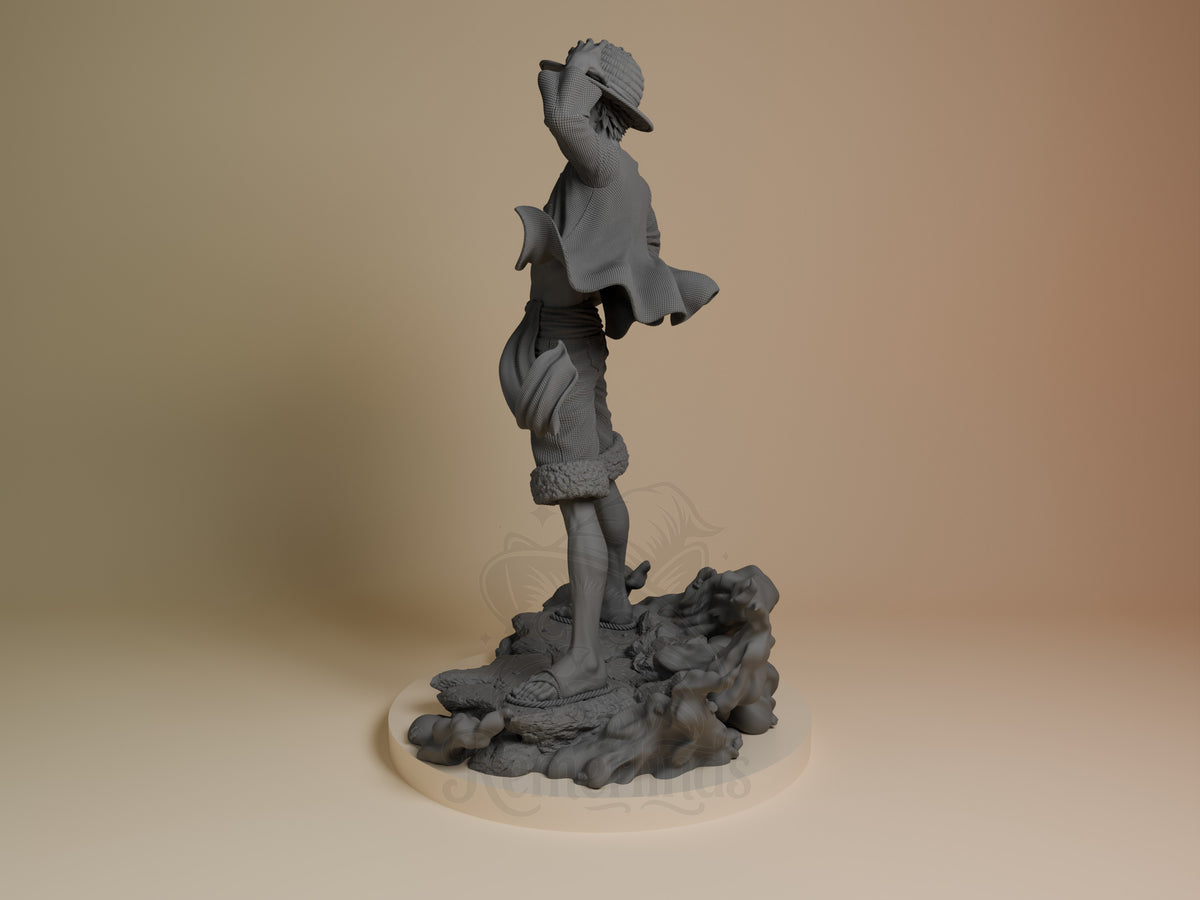 Luffy resin figure shown from side angle, standing on ornate base with dynamic pose, wearing hat and jacket, unpainted gray details visible.