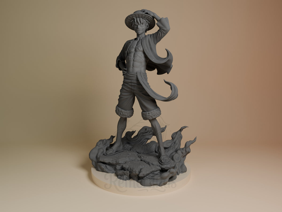 Luffy resin figure from One Piece shown from front, mid-pose with arm raised to hat, flowing jacket and pants with cuffs, standing on detailed rocky base.