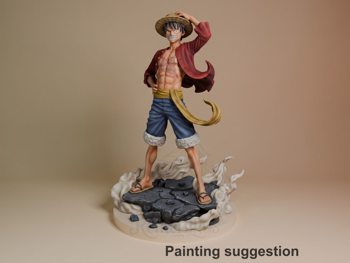 Luffy resin figure in red jacket and straw hat, standing confidently on rocky base with dynamic pose, fully painted with detailed features and gold belt accent.