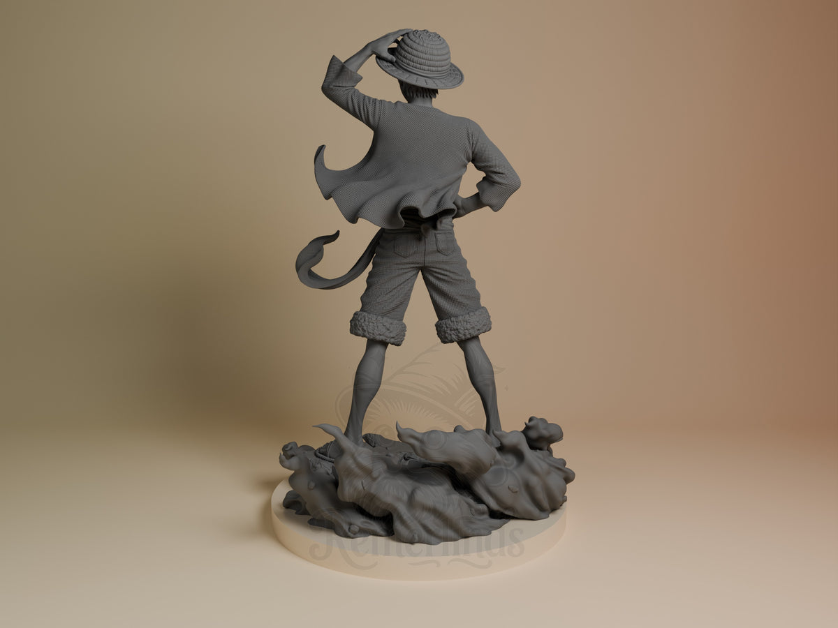Luffy resin figure shown from behind, striking a confident pose with hand on hat, standing on rocky base, unpainted gray finish.