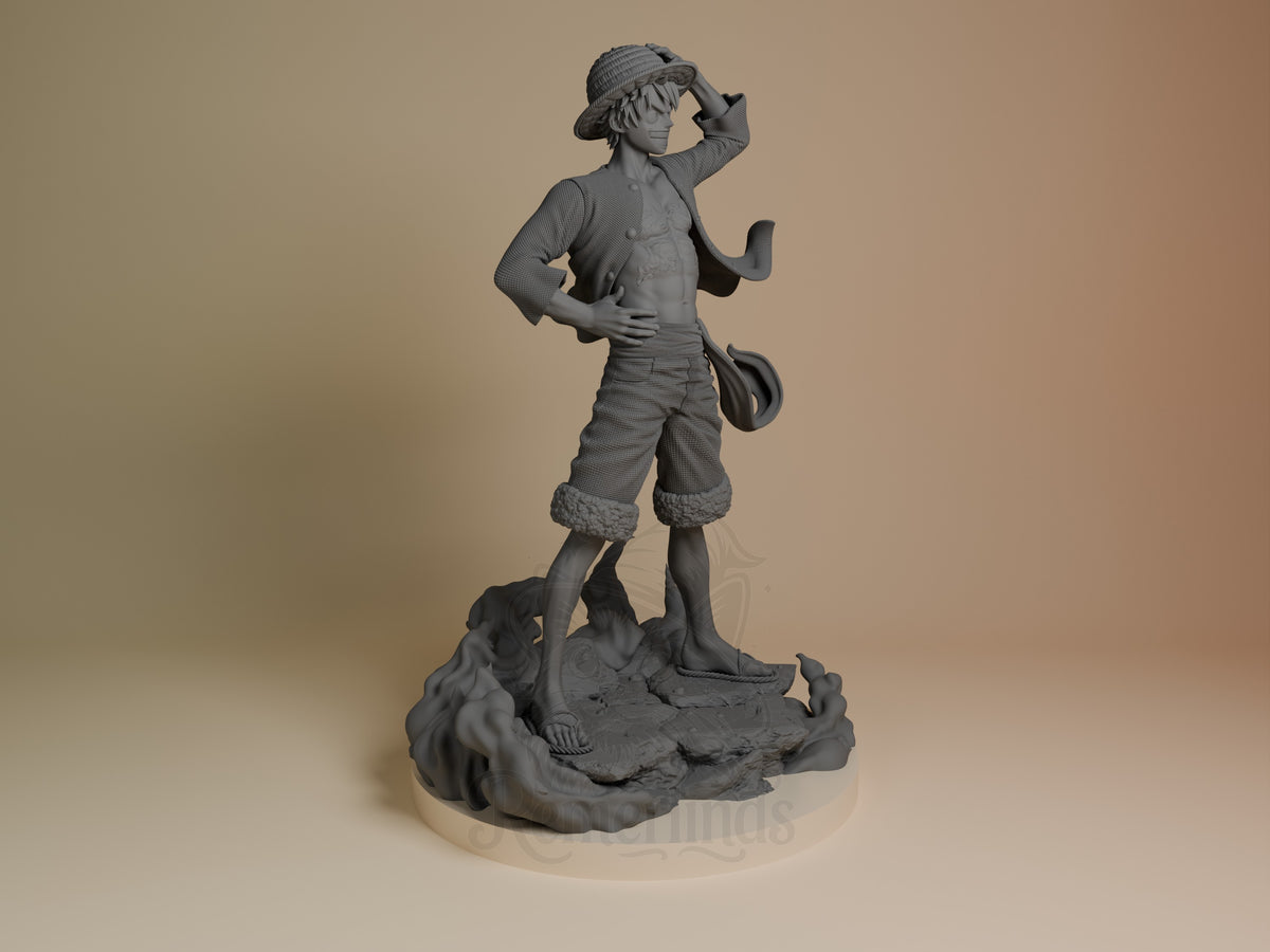 Luffy resin figure from One Piece in dynamic standing pose wearing hat and jacket, unpainted gray finish, mounted on textured base, photographed from right angle.