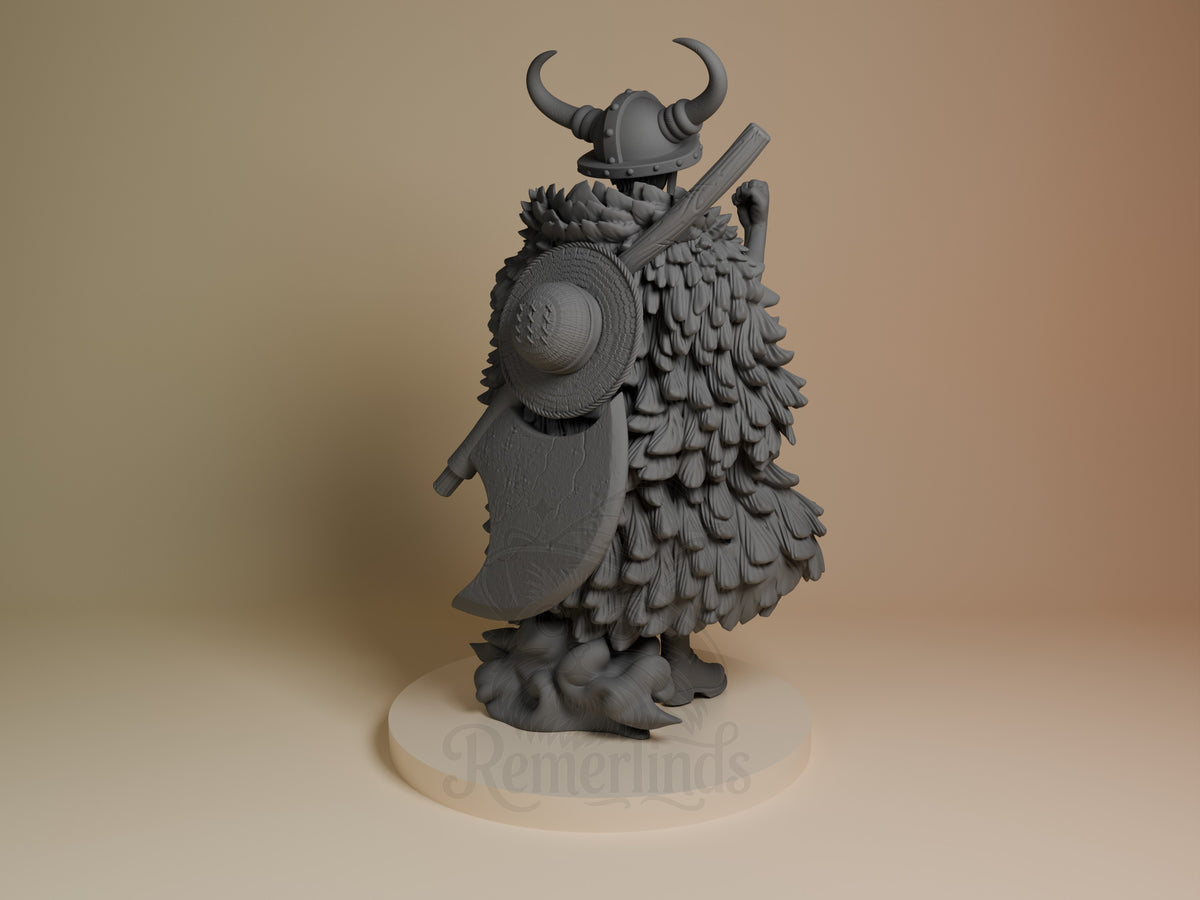 Rear view shows unpainted Luffy (Elbaf) from One Piece, a resin figure with shield and sculpted base.