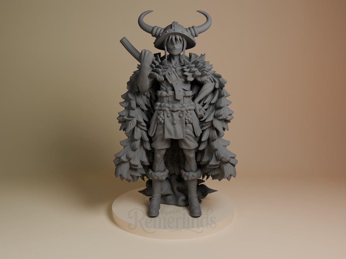Front view of Luffy (Elbaf) resin figure from One Piece, unpainted with horns and round base.