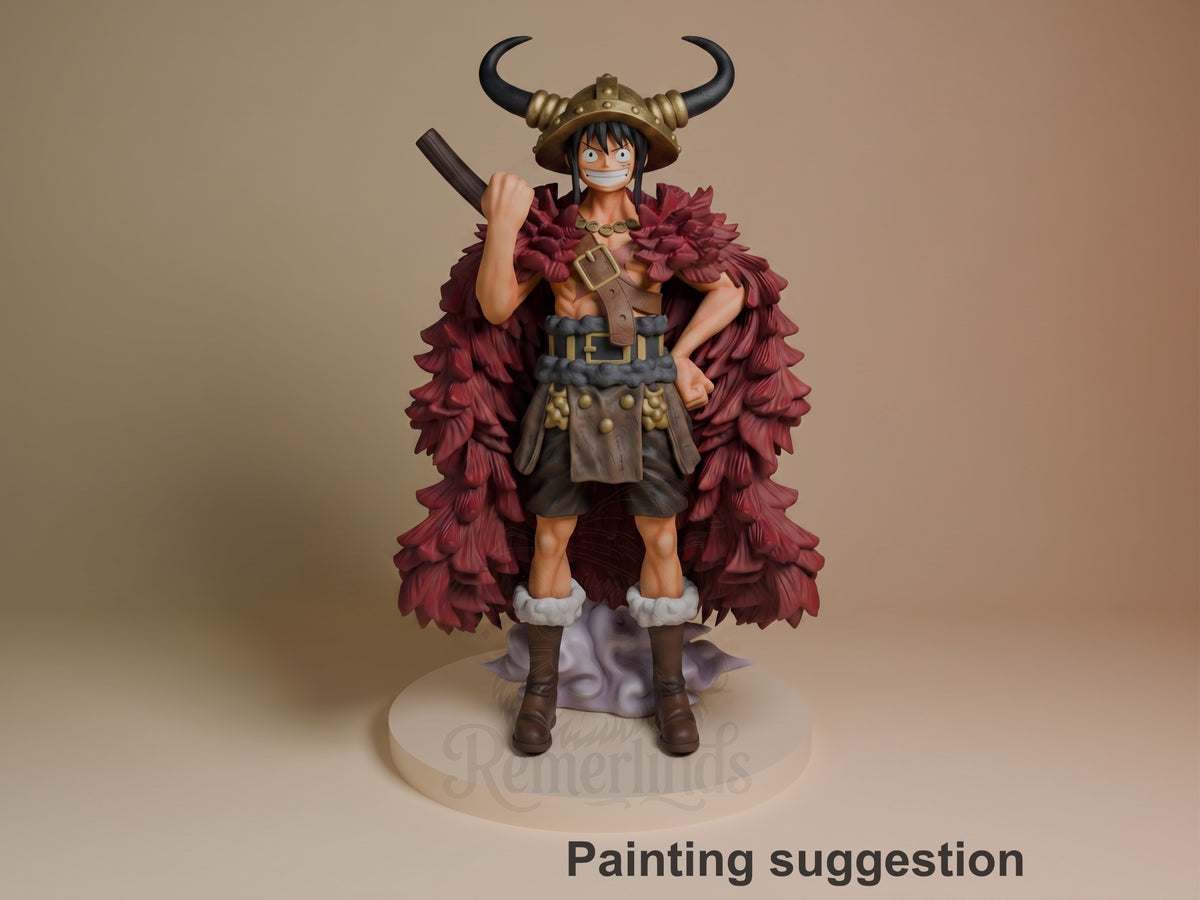 Painted Luffy (Elbaf) from One Piece resin figure stands front-facing with horns, cape, sword, and sculpted base.