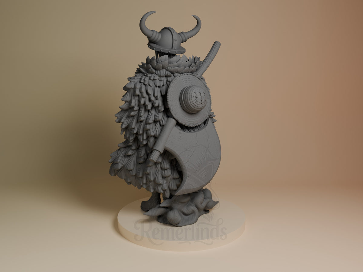 Left-angle view of unpainted Luffy (Elbaf) resin figure from One Piece on a round base.