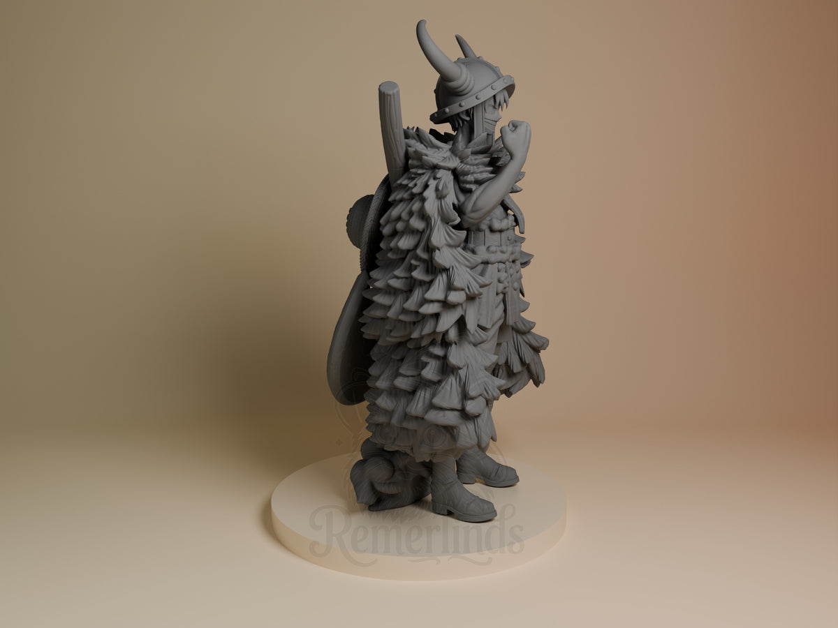 Unpainted resin figure of Luffy (Elbaf) from One Piece faces right in a horned helmet and fur cloak on a round base.