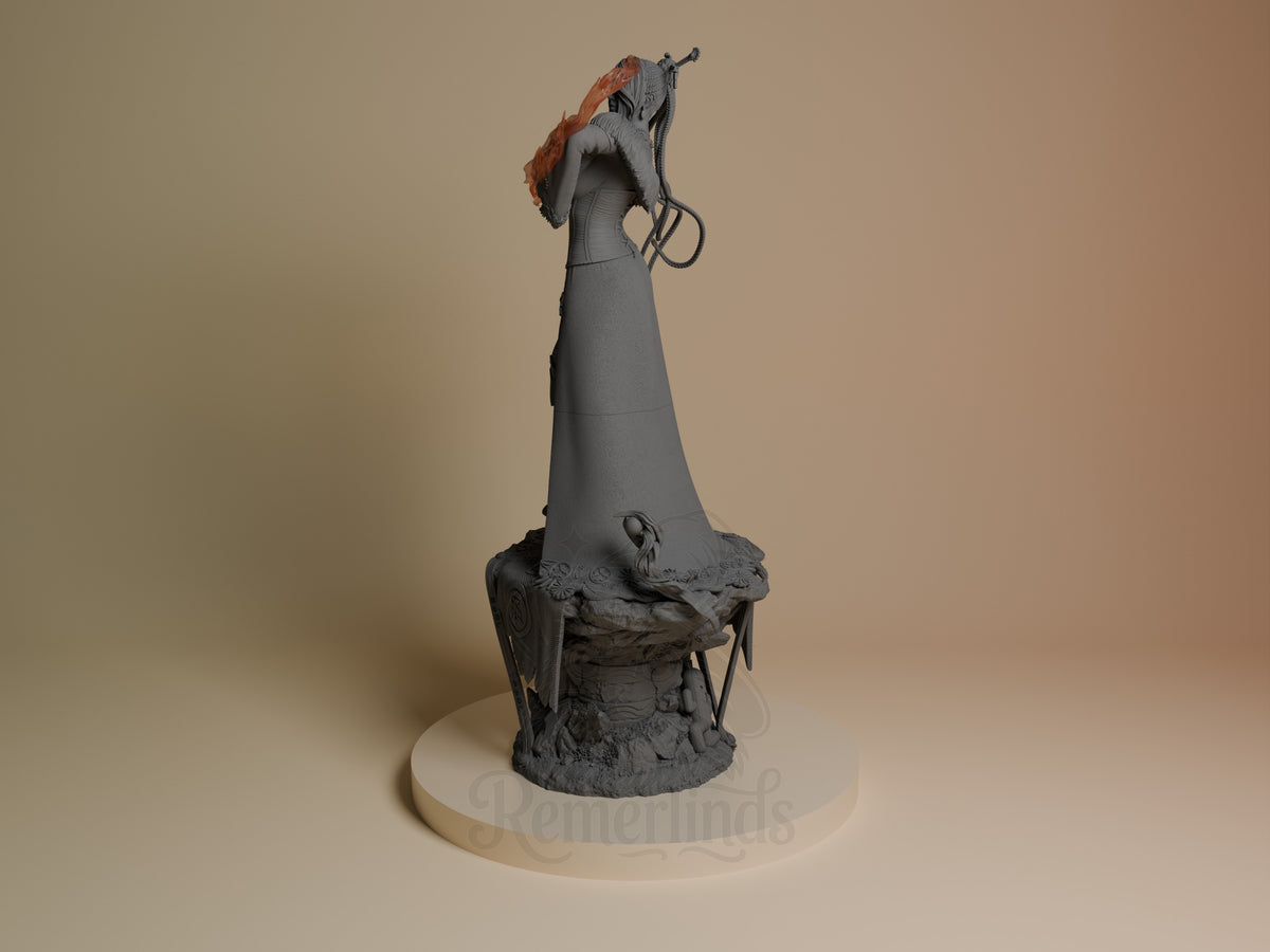Rear three-quarter view of Lulu from Final Fantasy, an unpainted resin figure on a sculpted base.