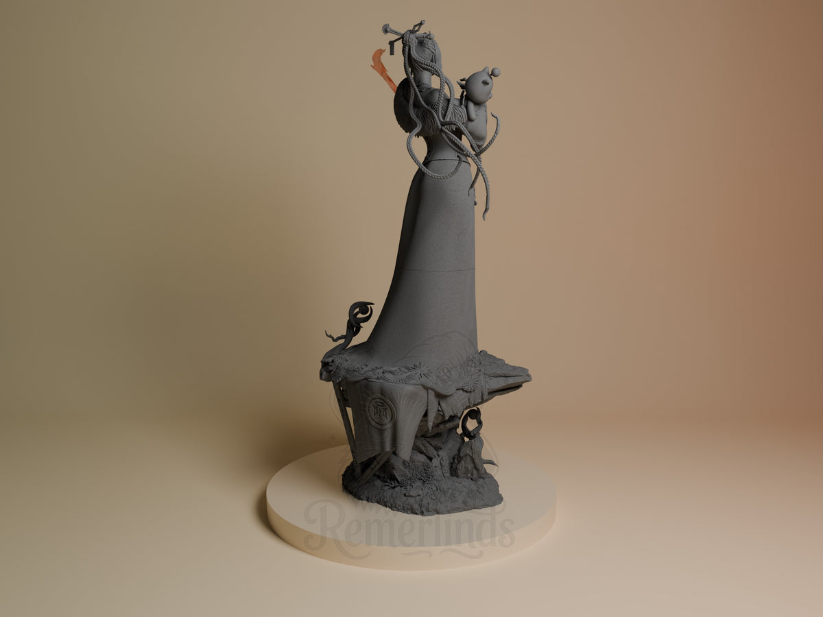 Back view of Lulu from Final Fantasy, an unpainted resin figure with braided hair and sculpted base.