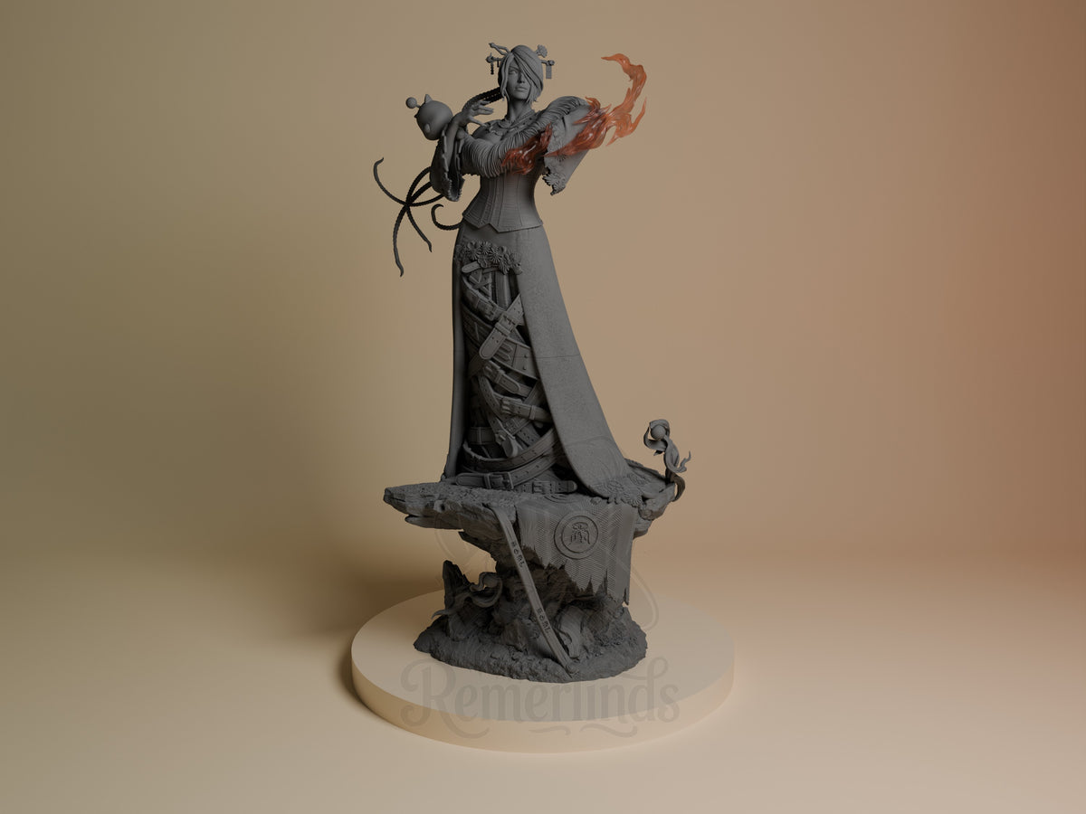 Front view of Lulu from Final Fantasy, a resin figure with raised arms, flowing sleeves, and sculpted base.