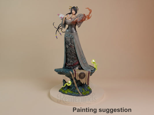 Painted Lulu from Final Fantasy stands in a three-quarter pose as a resin figure on a rocky base.