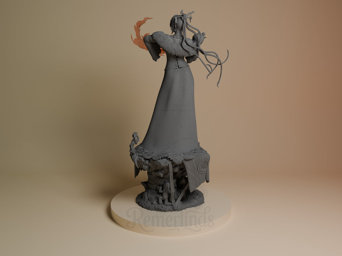Lulu from Final Fantasy is unpainted, viewed from behind, as a resin figure on a sculpted base.