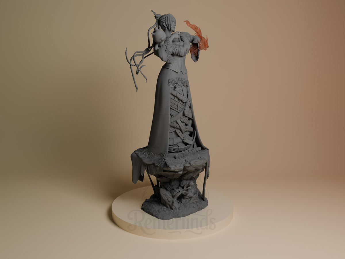 Lulu from Final Fantasy stands in a raised-arm pose as an unpainted resin figure on a sculpted rocky base.