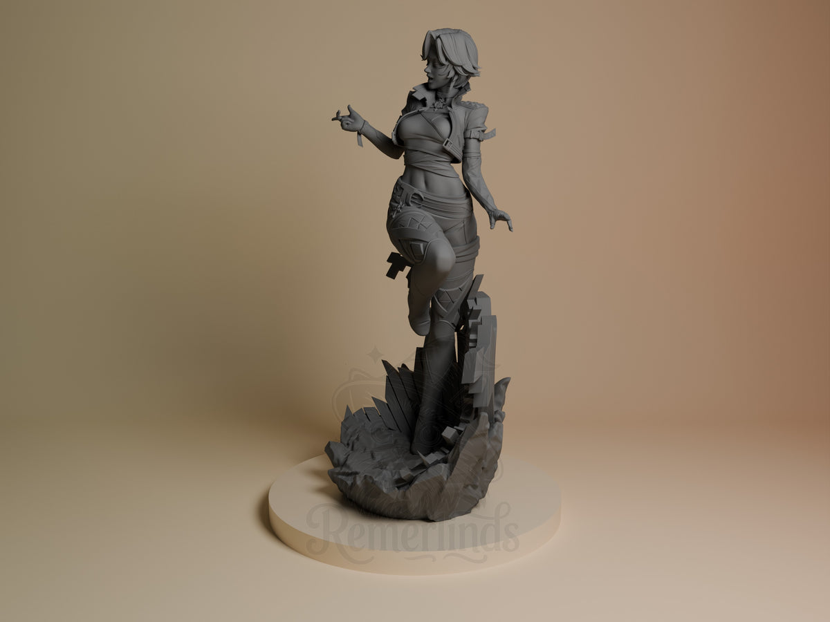 Frost Idol resin figure from Super Rivals shown at angle, unpainted gray monochrome, standing pose on detailed base with dynamic rocky terrain.