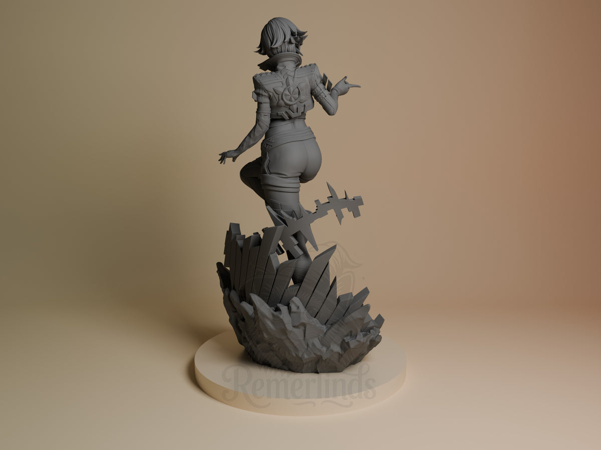 Frost Idol resin figure from Super Rivals shown from behind, standing on jagged base, unpainted gray prototype with detailed armor and dynamic pose.