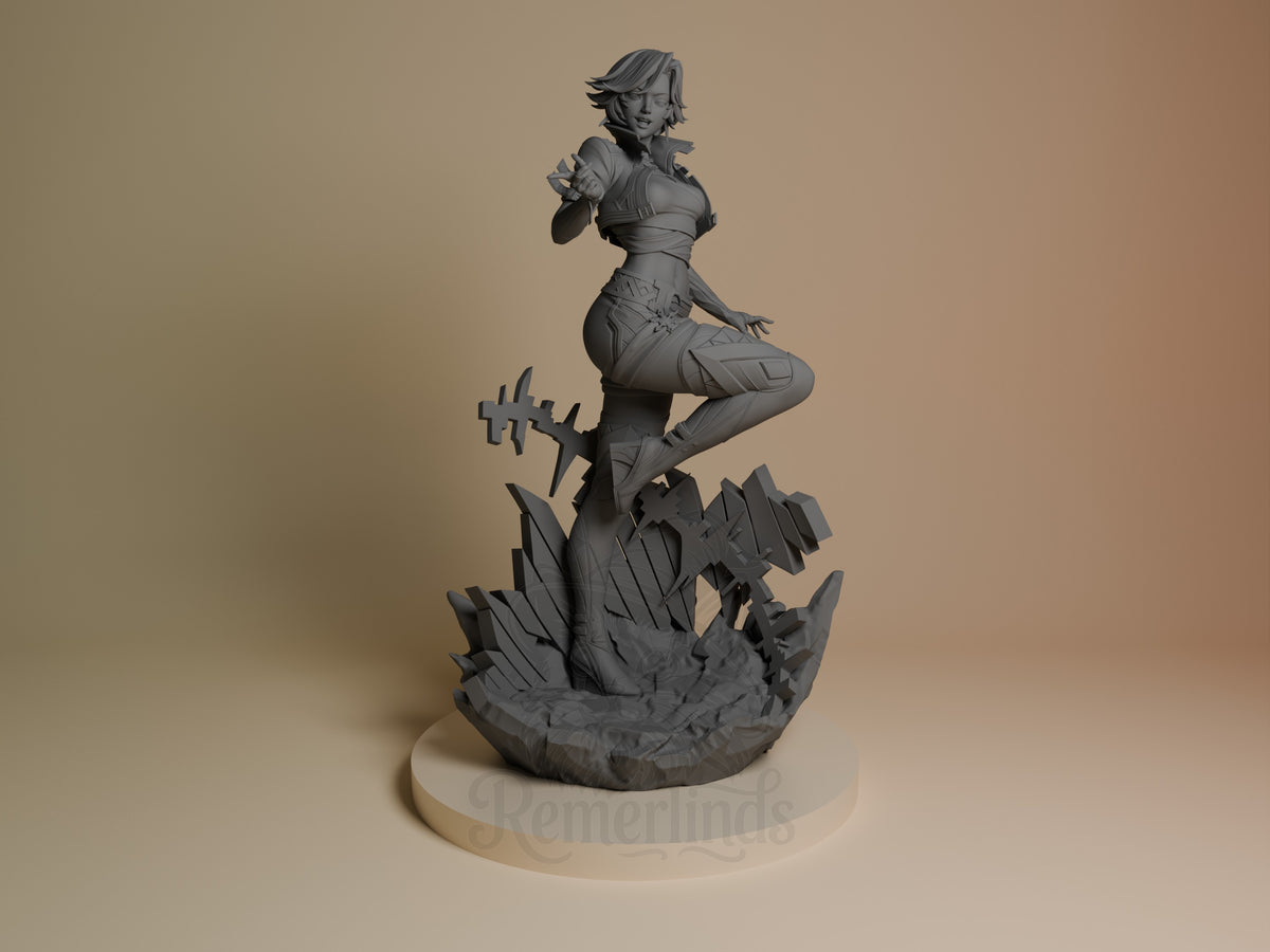Frost Idol resin figure from Super Rivals, unpainted gray, posed dynamically on jagged base, front angle view.