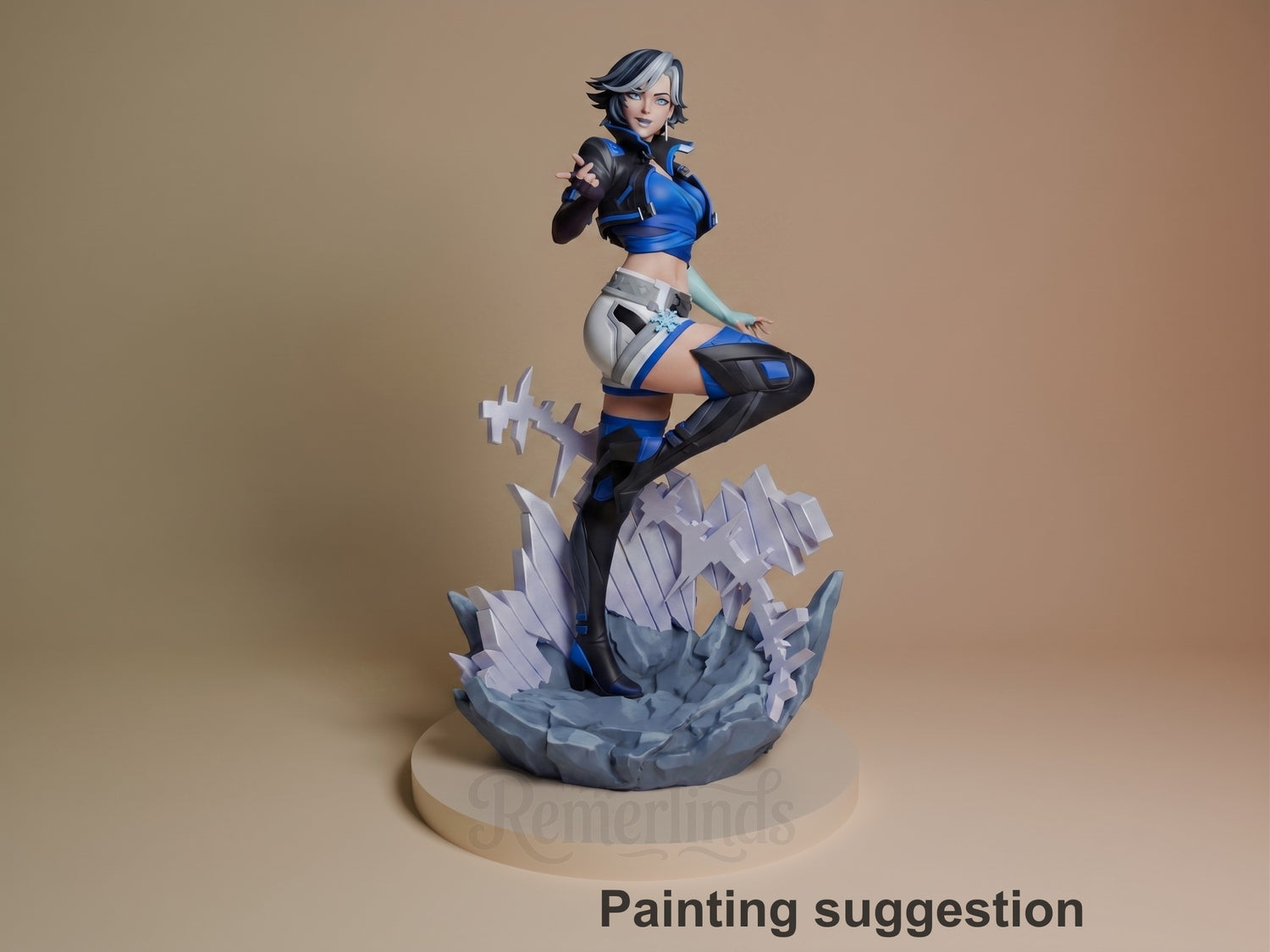 Frost Idol resin figure from Super Rivals in blue and black outfit, posed on crystalline base, painted as shown.