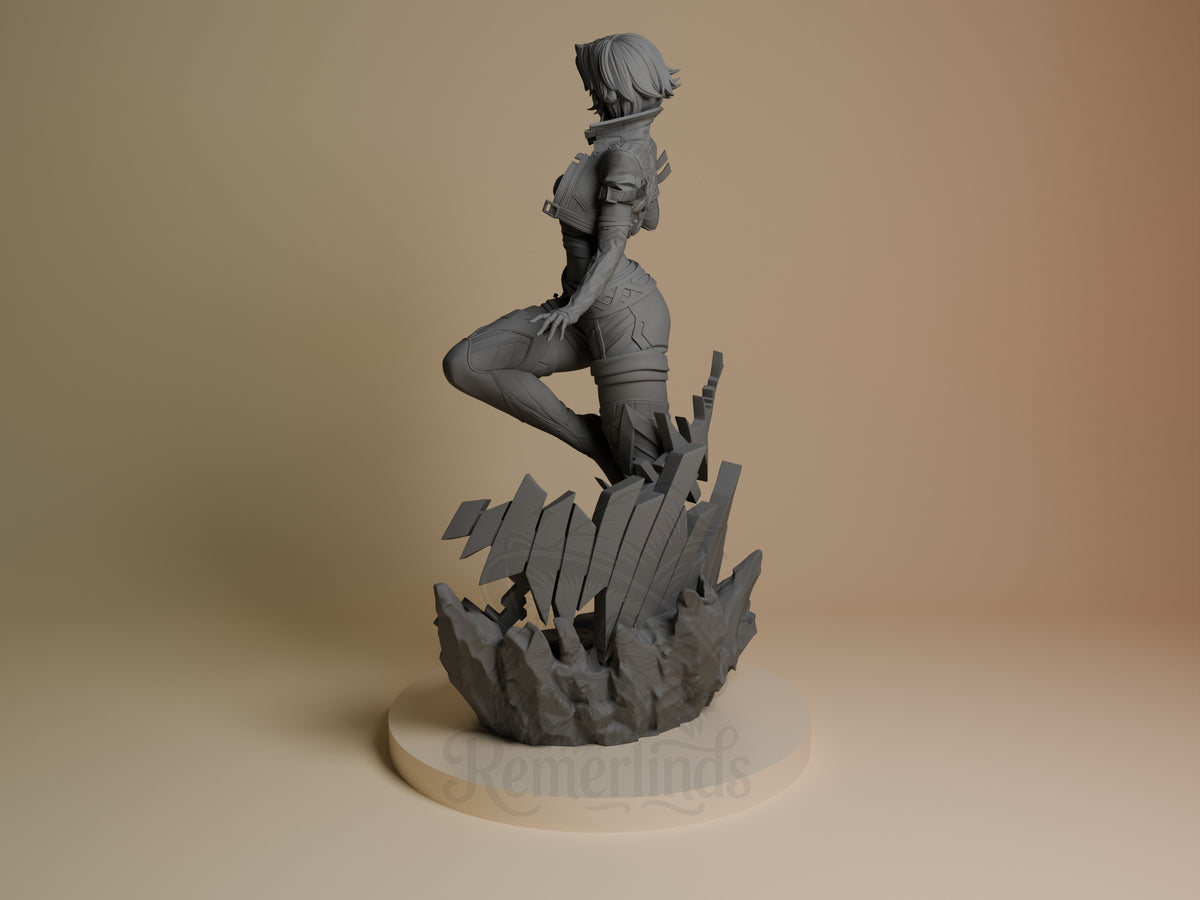 Frost Idol resin figure from Super Rivals displayed at left angle, unpainted gray, posed on jagged base with dynamic leg-up stance.