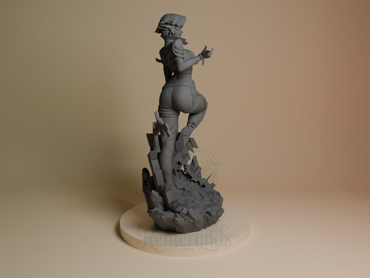 Frost Idol resin figure from Super Rivals shown from the right side, unpainted gray, posed on a rocky base with dynamic stance and outstretched arms.