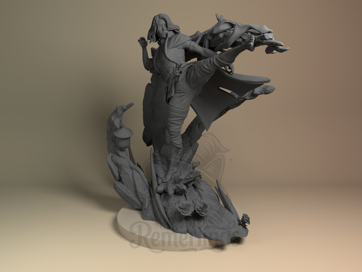 Lune Odyssey 33 3D printed resin figure by Nomnom, unpainted front view. This 3D printed resin miniature figure depicts the character Lune mid-action, performing a high kick with a strong sense of movement conveyed through the twisting pose and flowing cape. The detailed clothing and hair sculpting add realism, while the jagged rock base and roses provide thematic depth, creating a visually striking composition that captures a moment of dynamic energy.