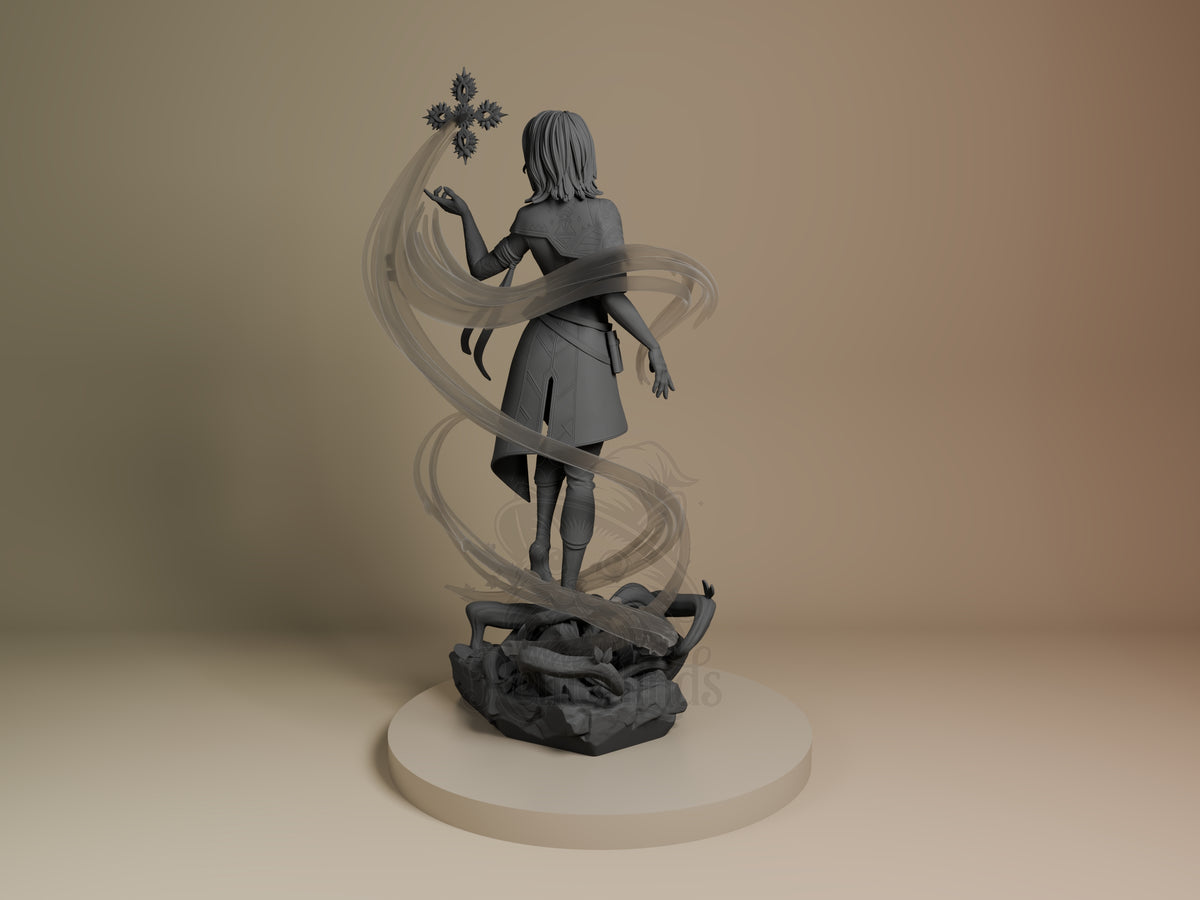 Lune from Expedition 33 resin figure shown from left side, standing on rocky base with flowing hair and fabric, holding ornate cross, unpainted gray finish.