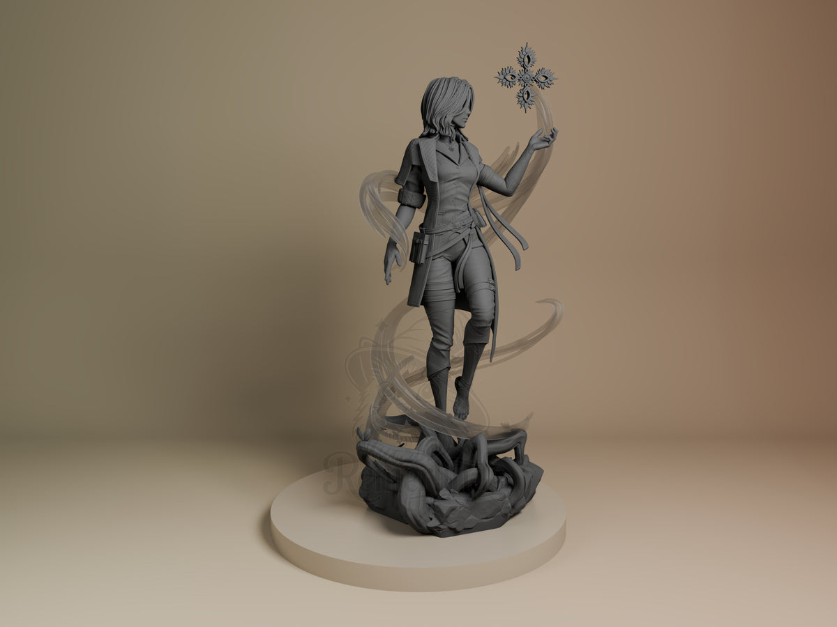 Lune resin figure from Expedition 33 shown from the right side, holding a glowing cross, with flowing hair and tactical gear on an ornate base.