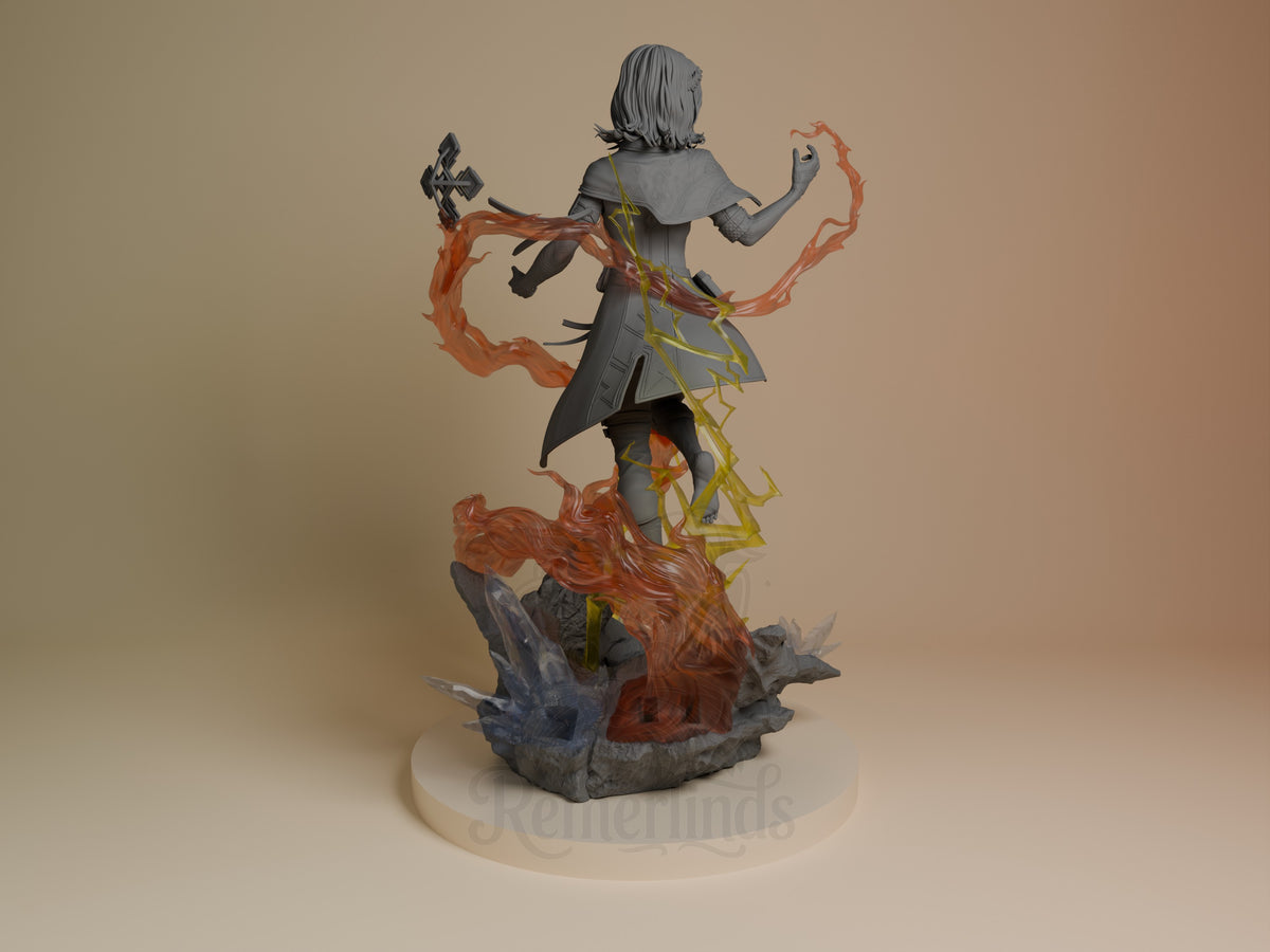 Back view of Lune from Expedition 33, a painted resin figure with raised arms and sculpted rocky base.