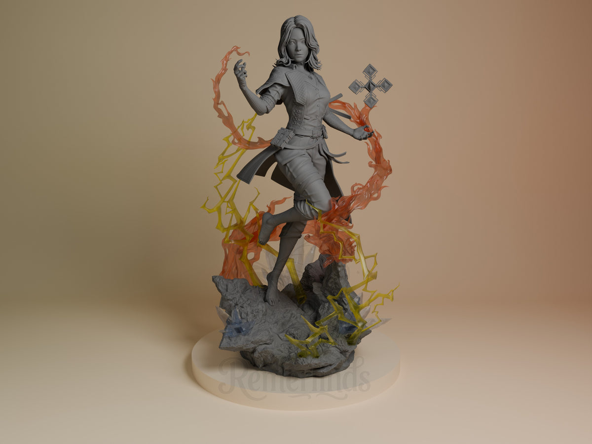 Front view of painted resin figure Lune from Expedition 33, posed on a sculpted rocky base.