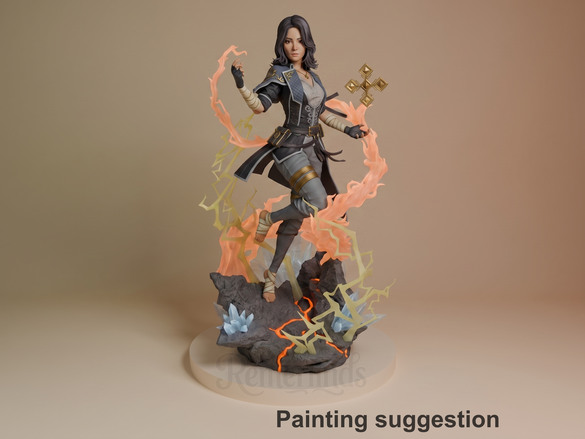 Painted Lune from Expedition 33 resin figure poses on one leg above a rocky, crystal base.